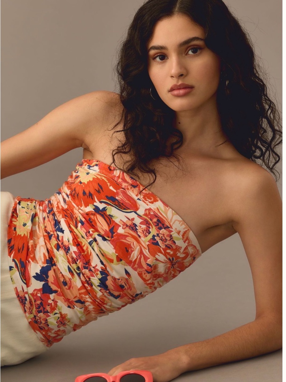 Maeve Strapless Floral Tube Top in Orange, White, and Navy